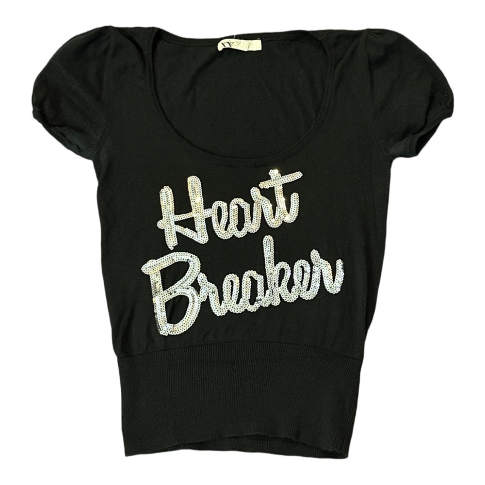 Y2K FOREVER 21 black knit top with "heart breaker" sequin graphic, small.